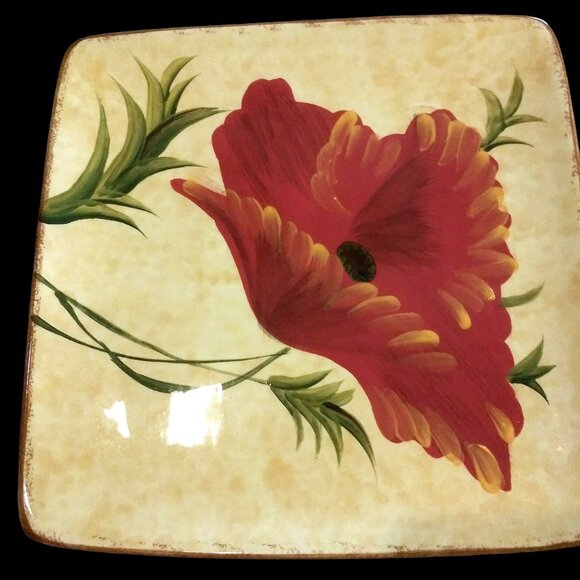 Pier 1 Square Poppies Salad Plate, Cottagecore Plate, Hand Painted Server Plate - Picture 8 of 11